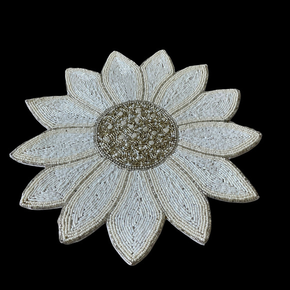 TAHARI HOME Glass Hand Beaded Charger Placemat 15in White Silver Floral NEW - Picture 6 of 14